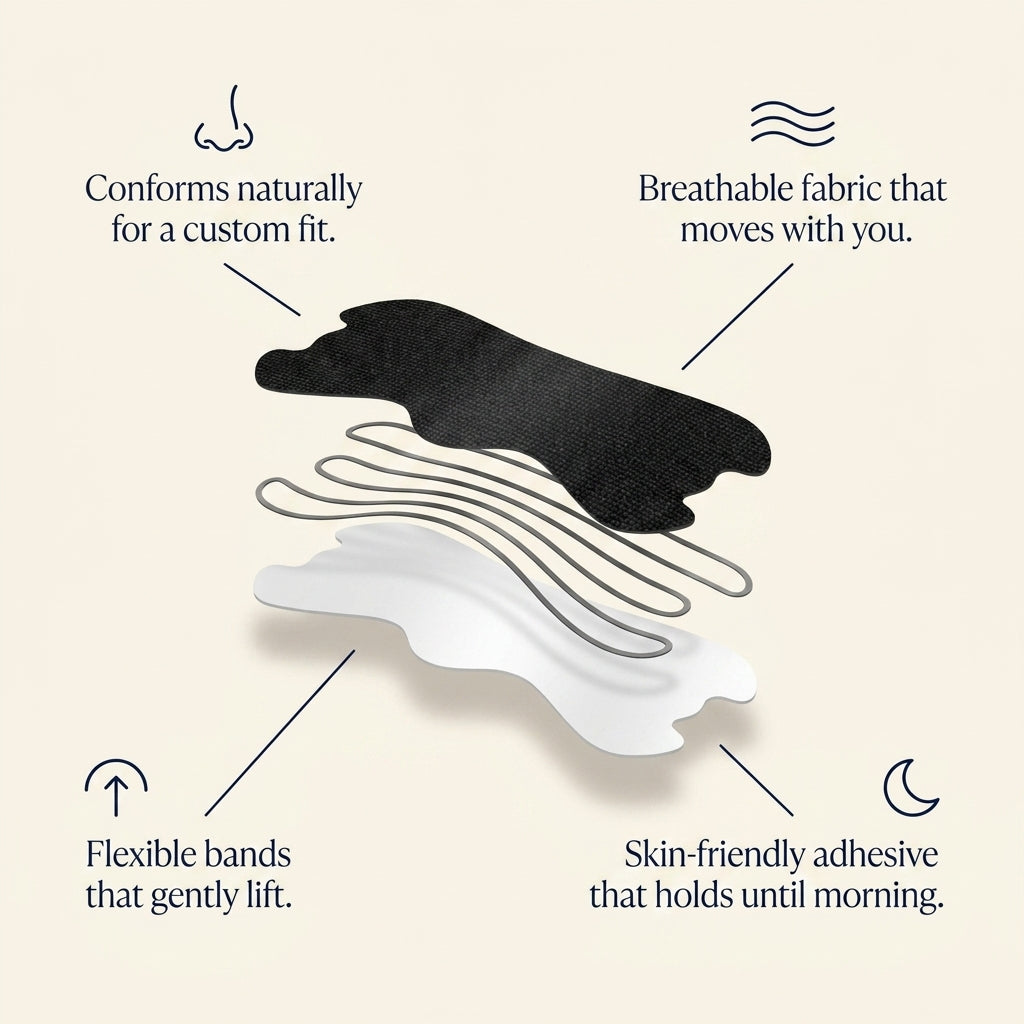 Ella Nuit nasal strip layers – breathable fabric, flexible bands, skin-friendly adhesive